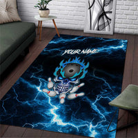 Personalized Bowling Skull Area Rug with Blue Flame Energy and Electric Lightning Strike Pattern - Wonder Print Shop