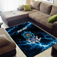 Personalized Bowling Skull Area Rug with Blue Flame Energy and Electric Lightning Strike Pattern - Wonder Print Shop