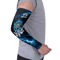 Personalized Bowling Skull Arm Sleeves with Blue Flame Energy and Electric Lightning Strike Pattern - Wonder Print Shop