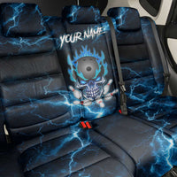 Personalized Bowling Skull Back Car Seat Cover with Blue Flame Energy and Electric Lightning Strike Pattern - Wonder Print Shop