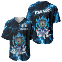 Personalized Bowling Skull Baseball Jersey with Blue Flame Energy and Electric Lightning Strike Pattern - Wonder Print Shop