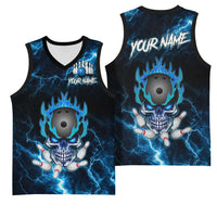 Personalized Bowling Skull Basketball Jersey with Blue Flame Energy and Electric Lightning Strike Pattern - Wonder Print Shop