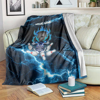 Personalized Bowling Skull Blanket with Blue Flame Energy and Electric Lightning Strike Pattern - Wonder Print Shop