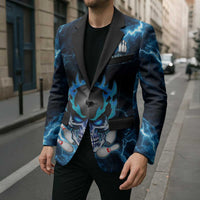 Personalized Bowling Skull Blazer with Blue Flame Energy and Electric Lightning Strike Pattern - Wonder Print Shop