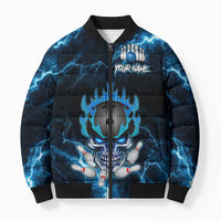 Personalized Bowling Skull Bomber Puffer Jacket with Blue Flame Energy and Electric Lightning Strike Pattern - Wonder Print Shop