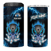 Personalized Bowling Skull 4 in 1 Can Cooler Tumbler with Blue Flame Energy and Electric Lightning Strike Pattern - Wonder Print Shop