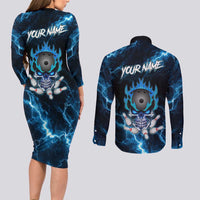 Personalized Bowling Skull Couples Matching Long Sleeve Bodycon Dress and Long Sleeve Button Shirt with Blue Flame Energy and Electric Lightning Strike Pattern - Wonder Print Shop