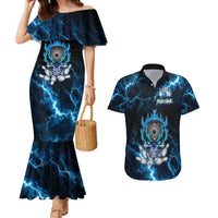 Personalized Bowling Skull Couples Matching Mermaid Dress and Hawaiian Shirt with Blue Flame Energy and Electric Lightning Strike Pattern - Wonder Print Shop