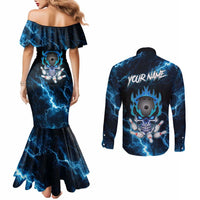 Personalized Bowling Skull Couples Matching Mermaid Dress and Long Sleeve Button Shirt with Blue Flame Energy and Electric Lightning Strike Pattern - Wonder Print Shop
