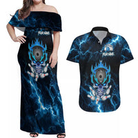 Personalized Bowling Skull Couples Matching Off Shoulder Maxi Dress and Hawaiian Shirt with Blue Flame Energy and Electric Lightning Strike Pattern - Wonder Print Shop