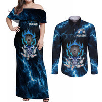 Personalized Bowling Skull Couples Matching Off Shoulder Maxi Dress and Long Sleeve Button Shirt with Blue Flame Energy and Electric Lightning Strike Pattern - Wonder Print Shop