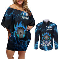 Personalized Bowling Skull Couples Matching Off Shoulder Short Dress and Long Sleeve Button Shirt with Blue Flame Energy and Electric Lightning Strike Pattern - Wonder Print Shop