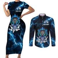 Personalized Bowling Skull Couples Matching Short Sleeve Bodycon Dress and Long Sleeve Button Shirt with Blue Flame Energy and Electric Lightning Strike Pattern - Wonder Print Shop