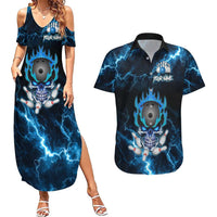 Personalized Bowling Skull Couples Matching Summer Maxi Dress and Hawaiian Shirt with Blue Flame Energy and Electric Lightning Strike Pattern - Wonder Print Shop