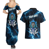 Personalized Bowling Skull Couples Matching Summer Maxi Dress and Hawaiian Shirt with Blue Flame Energy and Electric Lightning Strike Pattern - Wonder Print Shop