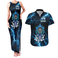 Personalized Bowling Skull Couples Matching Tank Maxi Dress and Hawaiian Shirt with Blue Flame Energy and Electric Lightning Strike Pattern - Wonder Print Shop