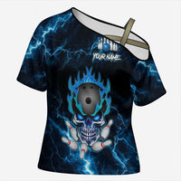 Personalized Bowling Skull Cross Shoulder Shirt with Blue Flame Energy and Electric Lightning Strike Pattern - Wonder Print Shop