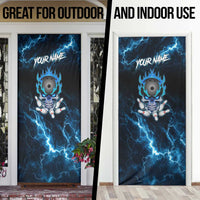 Personalized Bowling Skull Door Cover with Blue Flame Energy and Electric Lightning Strike Pattern - Wonder Print Shop