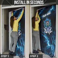 Personalized Bowling Skull Door Cover with Blue Flame Energy and Electric Lightning Strike Pattern - Wonder Print Shop