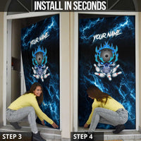 Personalized Bowling Skull Door Cover with Blue Flame Energy and Electric Lightning Strike Pattern - Wonder Print Shop