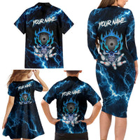 Personalized Bowling Skull Family Matching Long Sleeve Bodycon Dress and Hawaiian Shirt with Blue Flame Energy and Electric Lightning Strike Pattern - Wonder Print Shop