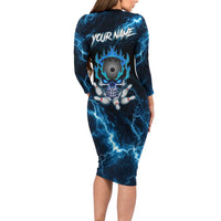 Personalized Bowling Skull Family Matching Long Sleeve Bodycon Dress and Hawaiian Shirt with Blue Flame Energy and Electric Lightning Strike Pattern - Wonder Print Shop