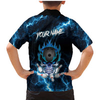 Personalized Bowling Skull Family Matching Mermaid Dress and Hawaiian Shirt with Blue Flame Energy and Electric Lightning Strike Pattern - Wonder Print Shop