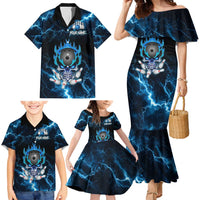 Personalized Bowling Skull Family Matching Mermaid Dress and Hawaiian Shirt with Blue Flame Energy and Electric Lightning Strike Pattern - Wonder Print Shop