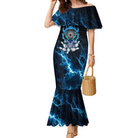 Personalized Bowling Skull Family Matching Mermaid Dress and Hawaiian Shirt with Blue Flame Energy and Electric Lightning Strike Pattern - Wonder Print Shop