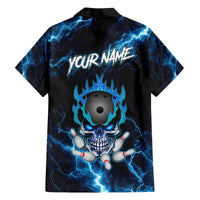 Personalized Bowling Skull Family Matching Off The Shoulder Long Sleeve Dress and Hawaiian Shirt with Blue Flame Energy and Electric Lightning Strike Pattern - Wonder Print Shop