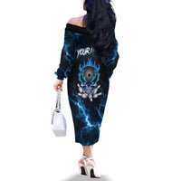 Personalized Bowling Skull Family Matching Off The Shoulder Long Sleeve Dress and Hawaiian Shirt with Blue Flame Energy and Electric Lightning Strike Pattern - Wonder Print Shop