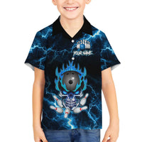 Personalized Bowling Skull Family Matching Off The Shoulder Long Sleeve Dress and Hawaiian Shirt with Blue Flame Energy and Electric Lightning Strike Pattern - Wonder Print Shop