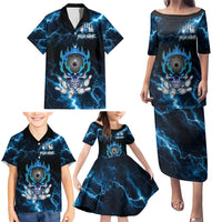 Personalized Bowling Skull Family Matching Puletasi and Hawaiian Shirt with Blue Flame Energy and Electric Lightning Strike Pattern - Wonder Print Shop