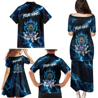 Personalized Bowling Skull Family Matching Puletasi and Hawaiian Shirt with Blue Flame Energy and Electric Lightning Strike Pattern - Wonder Print Shop