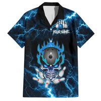 Personalized Bowling Skull Family Matching Puletasi and Hawaiian Shirt with Blue Flame Energy and Electric Lightning Strike Pattern - Wonder Print Shop