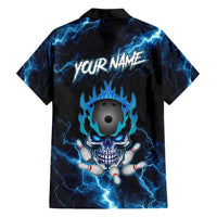 Personalized Bowling Skull Family Matching Puletasi and Hawaiian Shirt with Blue Flame Energy and Electric Lightning Strike Pattern - Wonder Print Shop