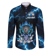 Personalized Bowling Skull Family Matching Puletasi and Hawaiian Shirt with Blue Flame Energy and Electric Lightning Strike Pattern - Wonder Print Shop