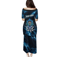 Personalized Bowling Skull Family Matching Puletasi and Hawaiian Shirt with Blue Flame Energy and Electric Lightning Strike Pattern - Wonder Print Shop