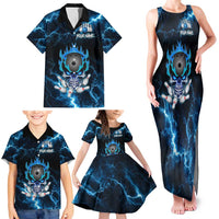 Personalized Bowling Skull Family Matching Tank Maxi Dress and Hawaiian Shirt with Blue Flame Energy and Electric Lightning Strike Pattern - Wonder Print Shop
