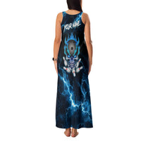 Personalized Bowling Skull Family Matching Tank Maxi Dress and Hawaiian Shirt with Blue Flame Energy and Electric Lightning Strike Pattern - Wonder Print Shop