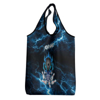 Personalized Bowling Skull Grocery Bag with Blue Flame Energy and Electric Lightning Strike Pattern - Wonder Print Shop