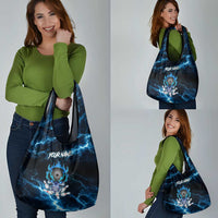 Personalized Bowling Skull Grocery Bag with Blue Flame Energy and Electric Lightning Strike Pattern - Wonder Print Shop