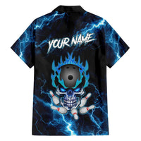 Personalized Bowling Skull Hawaiian Shirt with Blue Flame Energy and Electric Lightning Strike Pattern - Wonder Print Shop
