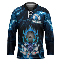 Personalized Bowling Skull Hockey Jersey with Blue Flame Energy and Electric Lightning Strike Pattern - Wonder Print Shop