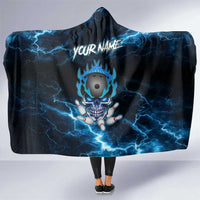 Personalized Bowling Skull Hooded Blanket with Blue Flame Energy and Electric Lightning Strike Pattern - Wonder Print Shop