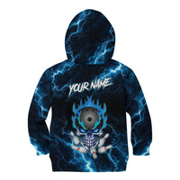 Personalized Bowling Skull Kid Hoodie with Blue Flame Energy and Electric Lightning Strike Pattern - Wonder Print Shop