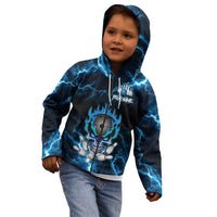 Personalized Bowling Skull Kid Hoodie with Blue Flame Energy and Electric Lightning Strike Pattern - Wonder Print Shop