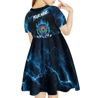 Personalized Bowling Skull Kid Short Sleeve Dress with Blue Flame Energy and Electric Lightning Strike Pattern - Wonder Print Shop