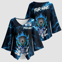 Personalized Bowling Skull Kimono Sleeve Blouse with Blue Flame Energy and Electric Lightning Strike Pattern - Wonder Print Shop