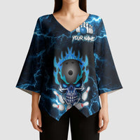 Personalized Bowling Skull Kimono Sleeve Blouse with Blue Flame Energy and Electric Lightning Strike Pattern - Wonder Print Shop